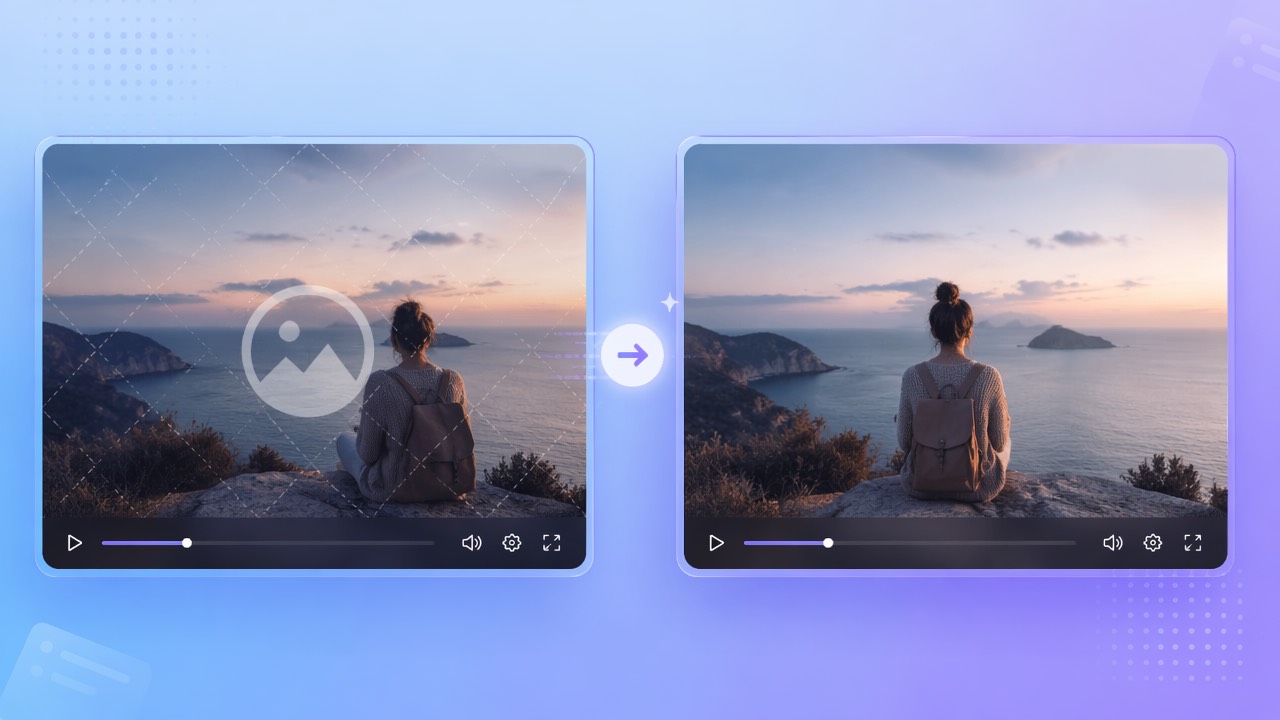 Before and after video frames showing a watermark removed by a focused AI video eraser