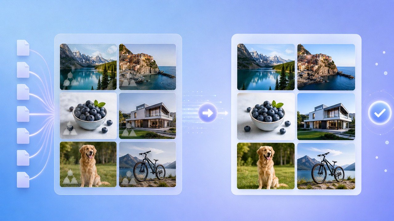 A grid of product and campaign images moving through a batch watermark removal queue