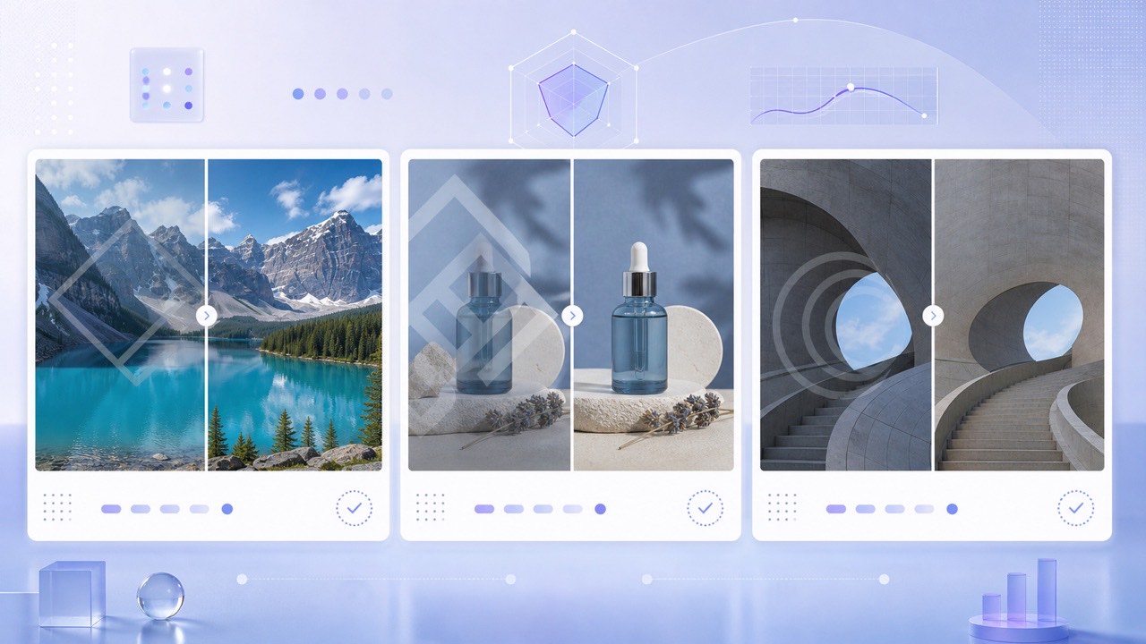 Comparison workspace evaluating AI image watermark removal quality across three photographs