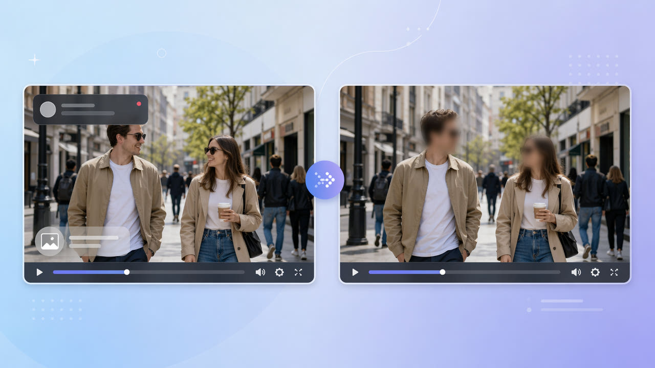 Before and after frames of a street scene showing visible faces softly blurred for privacy in the after frame