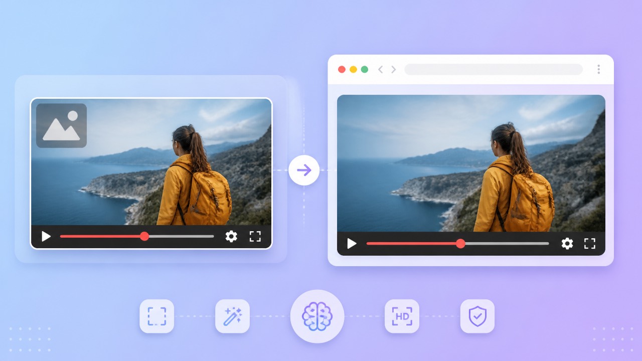 Before and after video frames showing a corner watermark removed by an online AI eraser