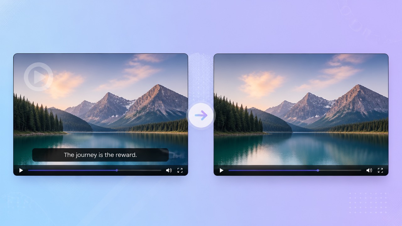 Before and after video frames showing a watermark and subtitle band removed