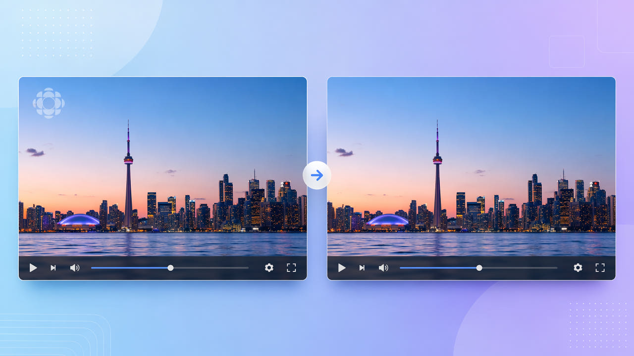 Before and after frames showing a translucent TV station logo bug removed from a broadcast recording