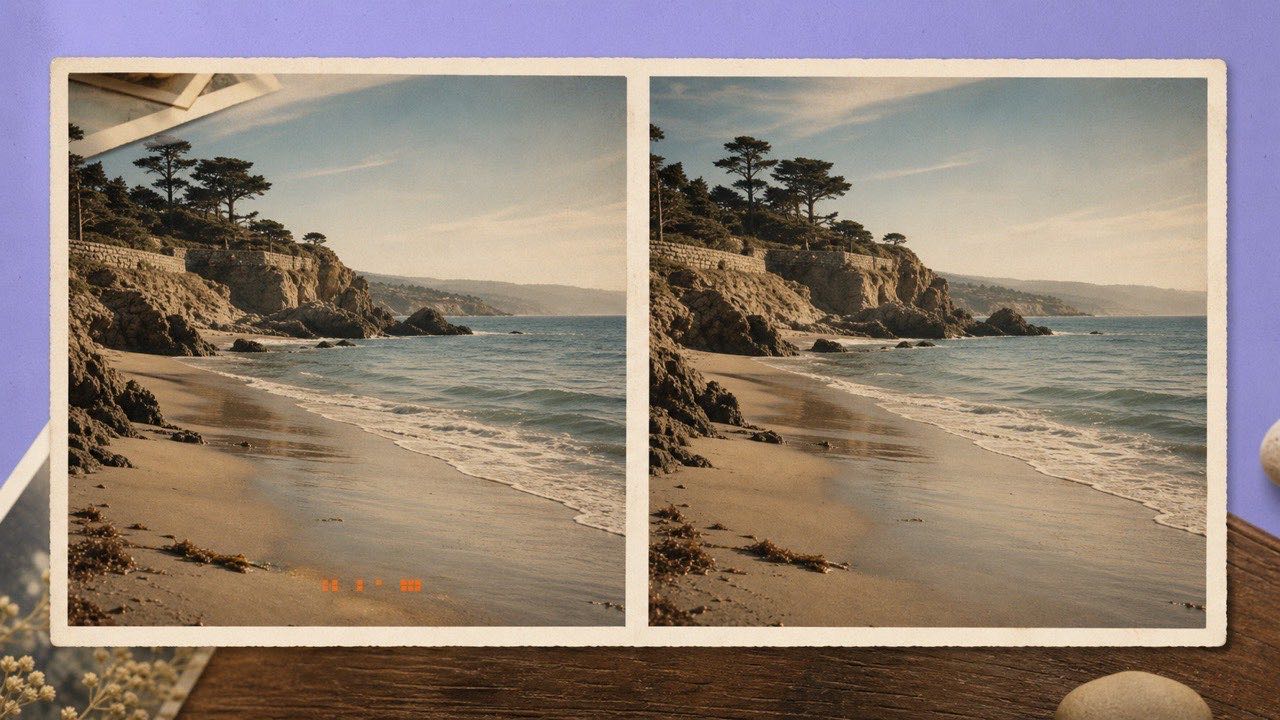 Vintage photograph before and after a corner date stamp is digitally restored