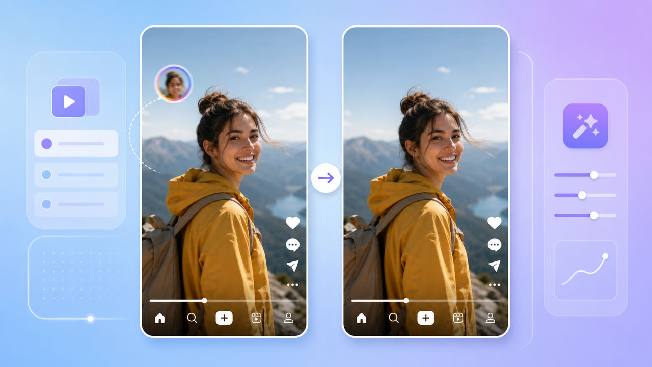 Before and after vertical video frames showing a drifting Douyin ID watermark removed