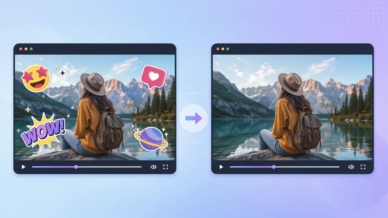 Before and after frames showing cartoon emoji and sticker overlays removed from a clip