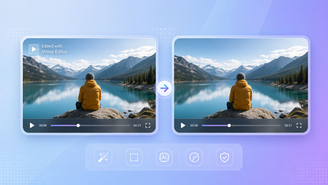Before and after landscape video frames showing a mobile editor export watermark removed from the corner