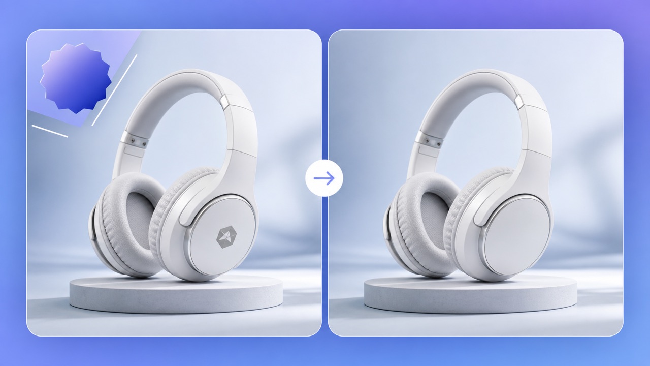 Product photo before and after an outdated corner logo is removed from a studio background