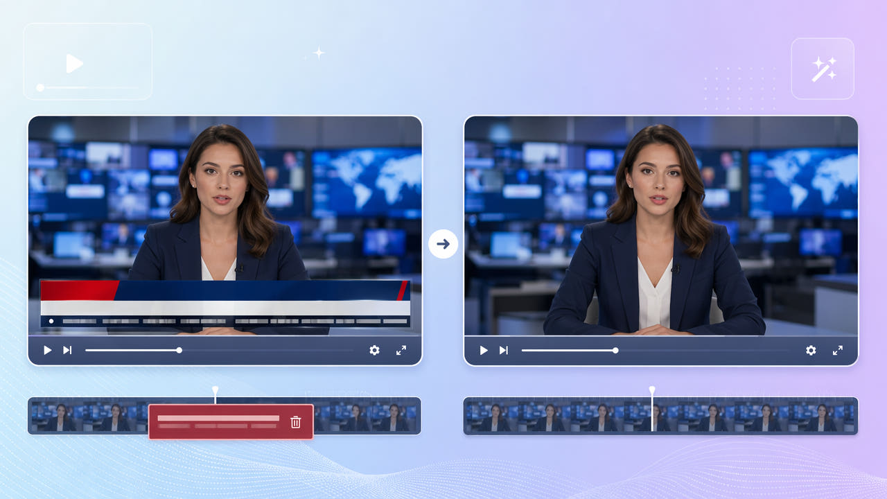 Before and after frames showing a scrolling lower-third news ticker bar removed from a broadcast clip