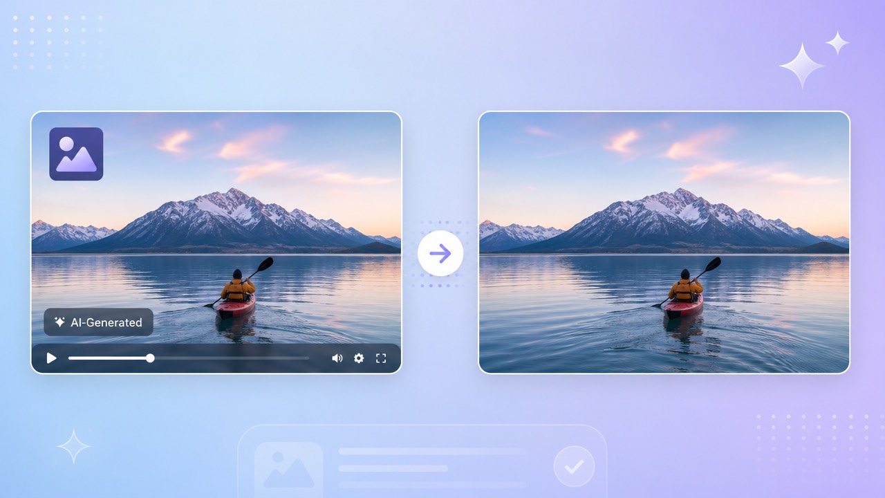 Before and after frames showing a Seedance AI-generated video with its logo and AI-Generated label cleanly removed