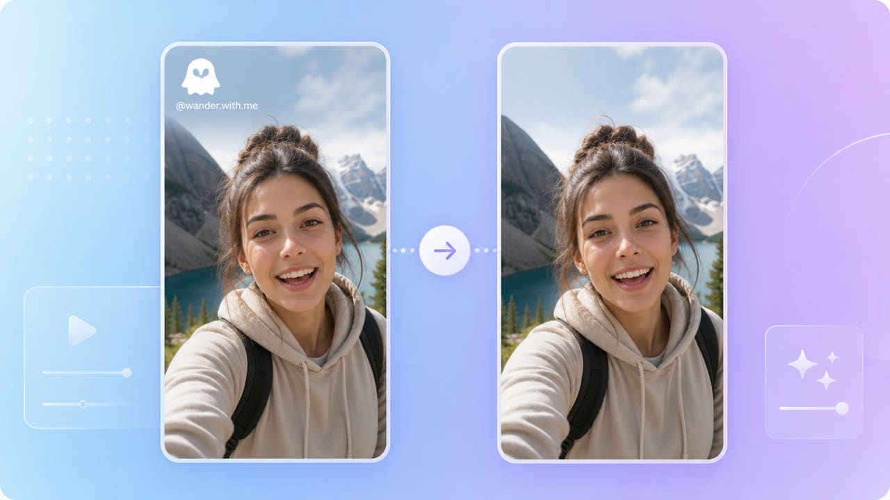 Before and after selfie-style vertical video frames showing the Snapchat ghost logo and username removed