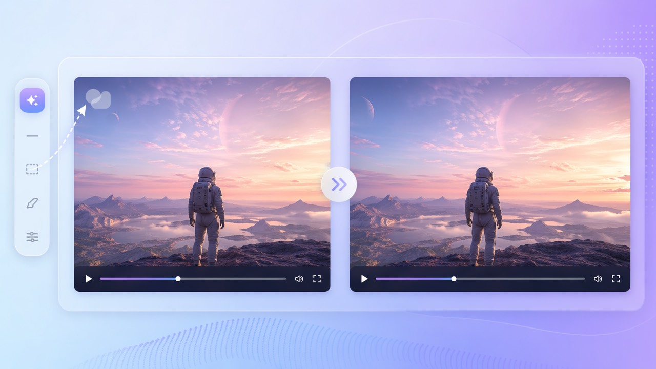 Before and after frames showing an OpenAI Sora AI-generated video with its moving watermark cleanly removed
