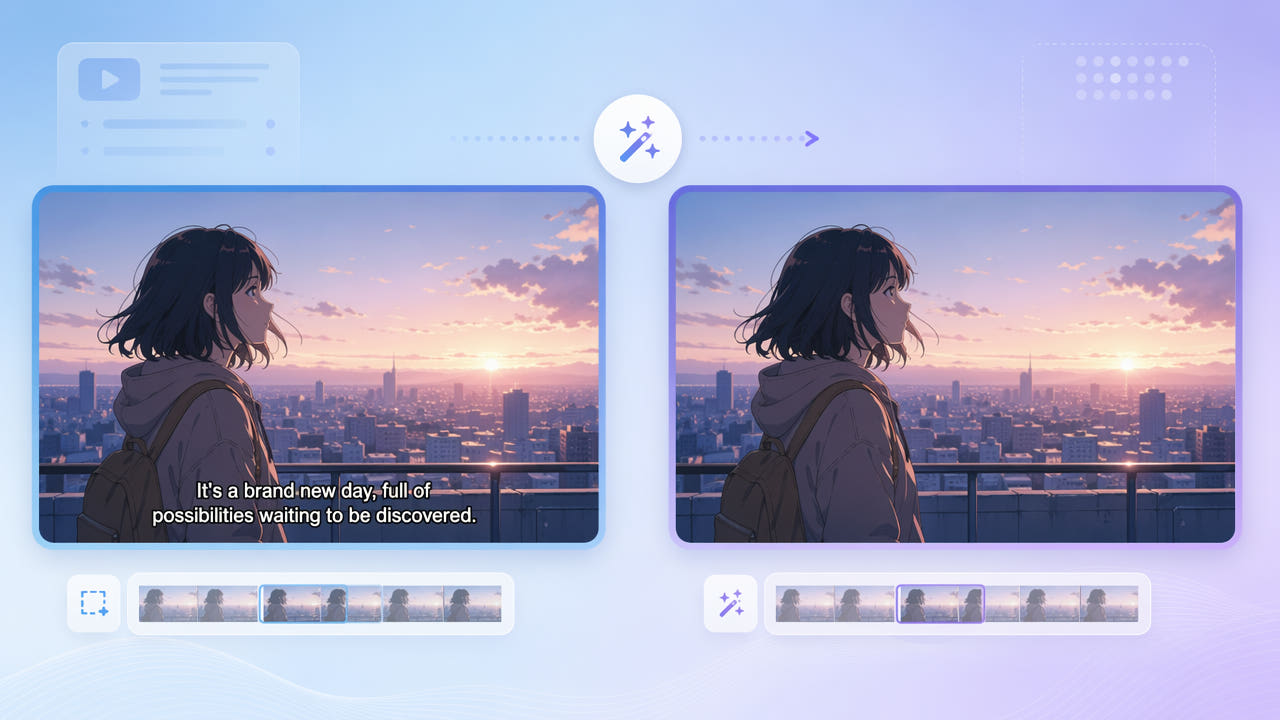 Before and after anime-style frames showing burned-in caption text removed from the bottom of the scene