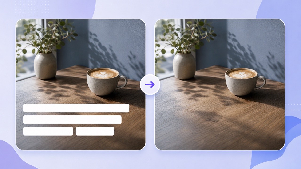 Before and after photo showing unwanted text removed without a blurry patch