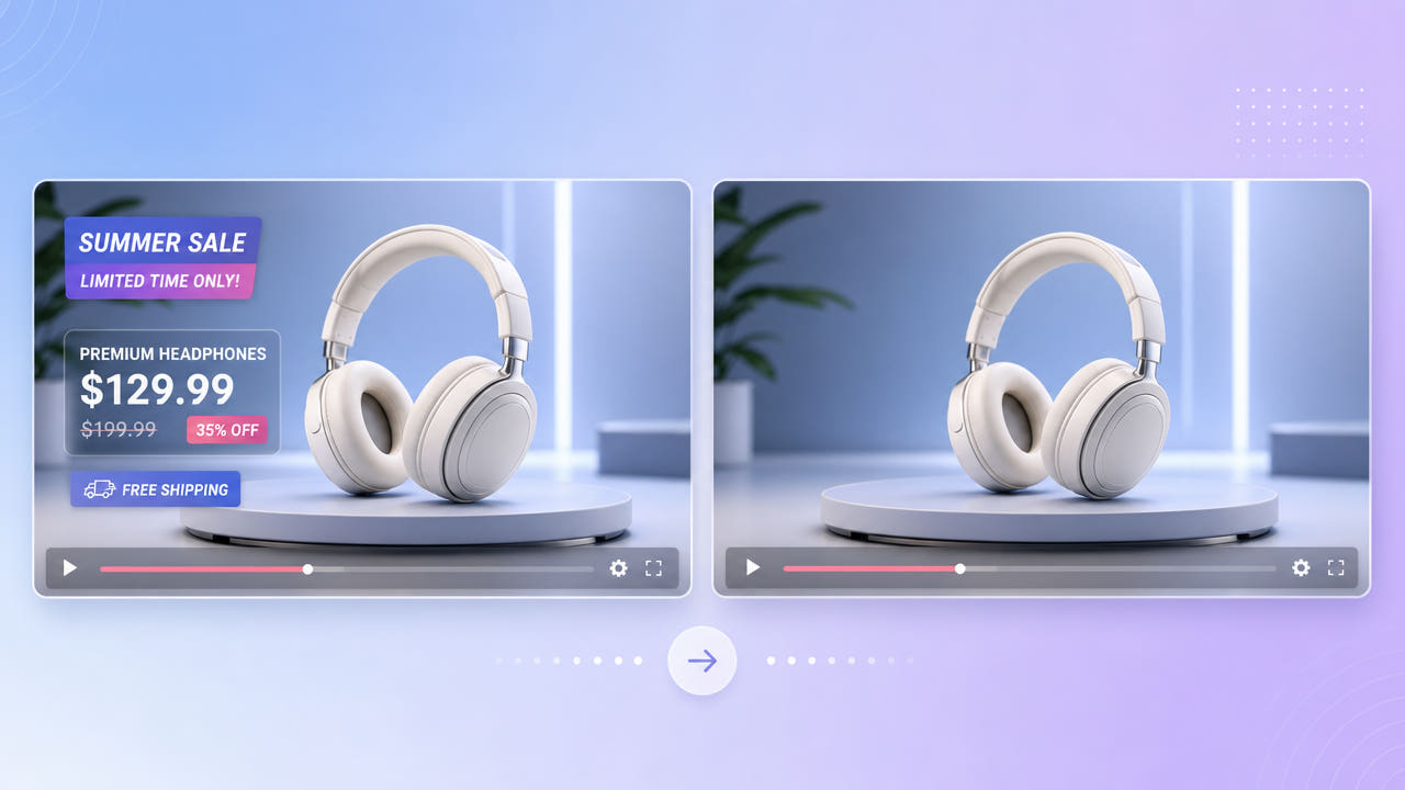 Before and after frames showing price and promo text overlays removed from an e-commerce product shot