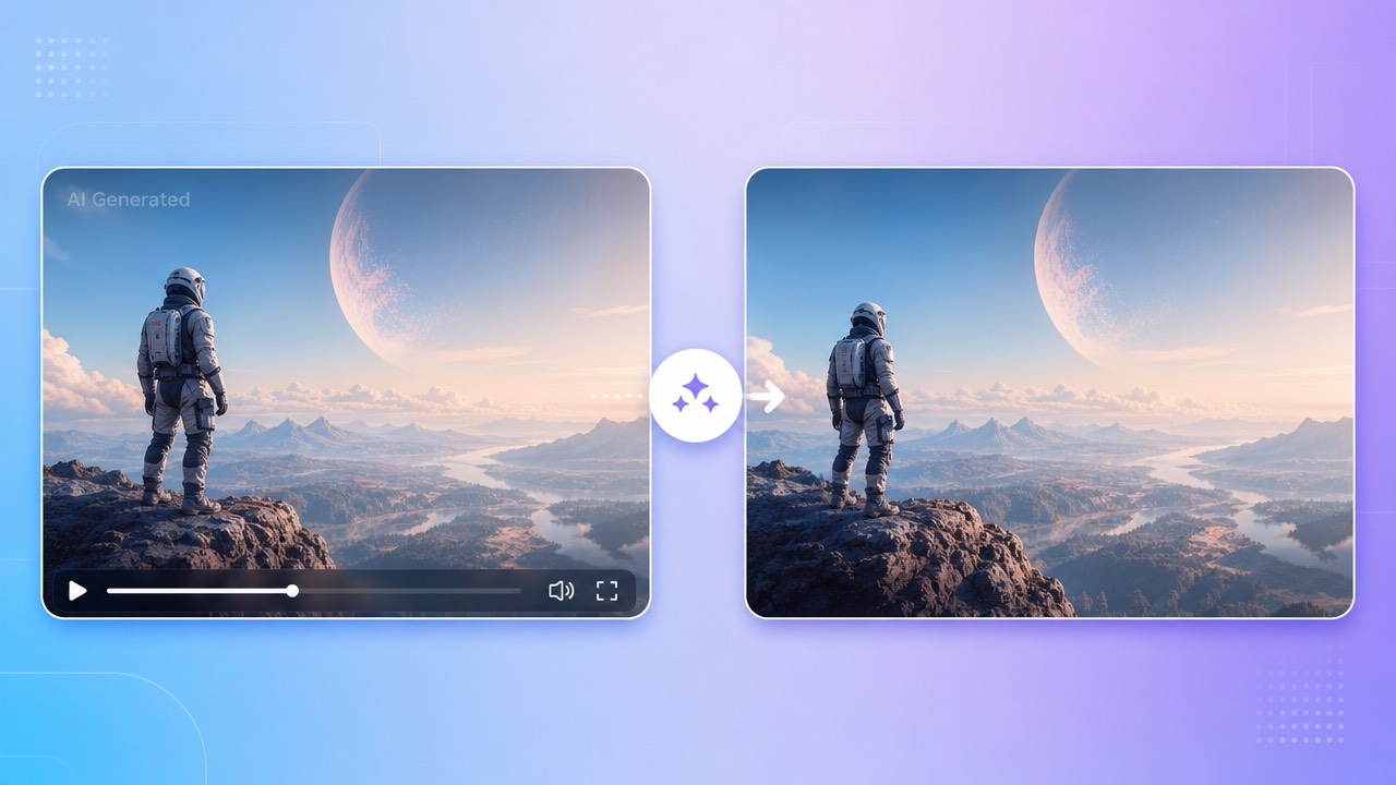 Before and after frames showing a Google Veo AI-generated video with its corner watermark cleanly removed