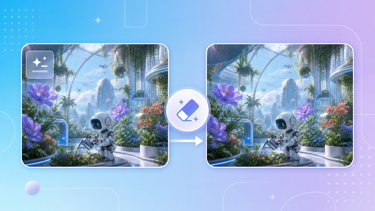 Before and after comparison of a generated image with a visible corner label cleanly removed