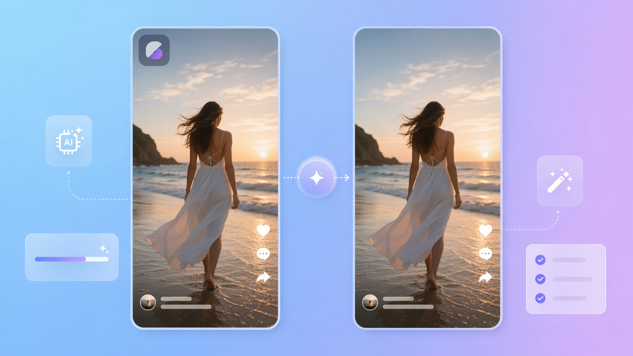 Before and after vertical video frames showing a CapCut export watermark removed from the corner