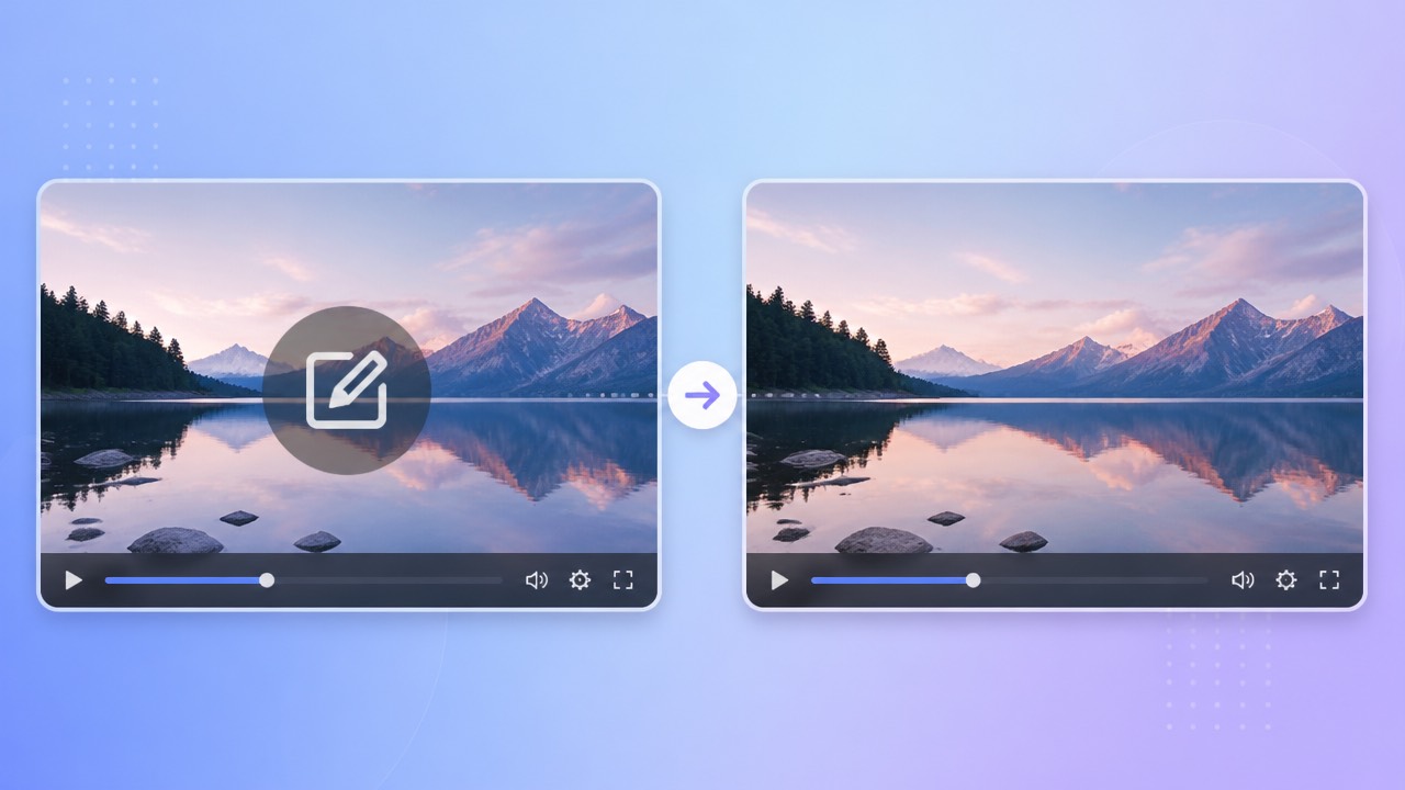 Before and after video frames showing a centered editor export watermark removed