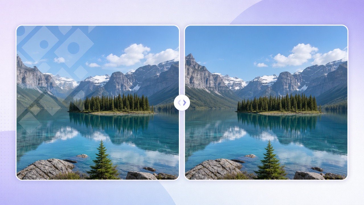Before and after image showing a watermark removed from a travel photograph