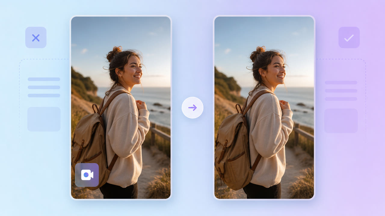 Before and after lifestyle vertical video frames showing a Pinterest corner watermark removed