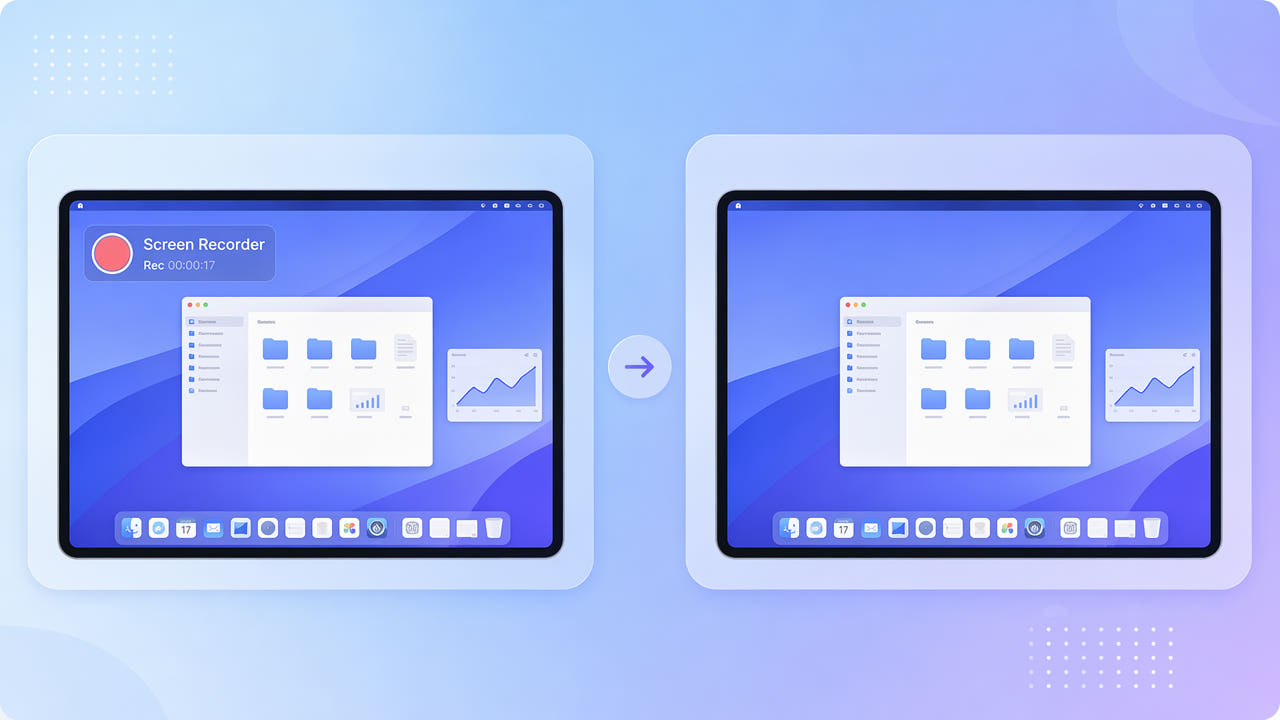 Before and after frames showing a translucent screen-recorder watermark removed from a desktop capture