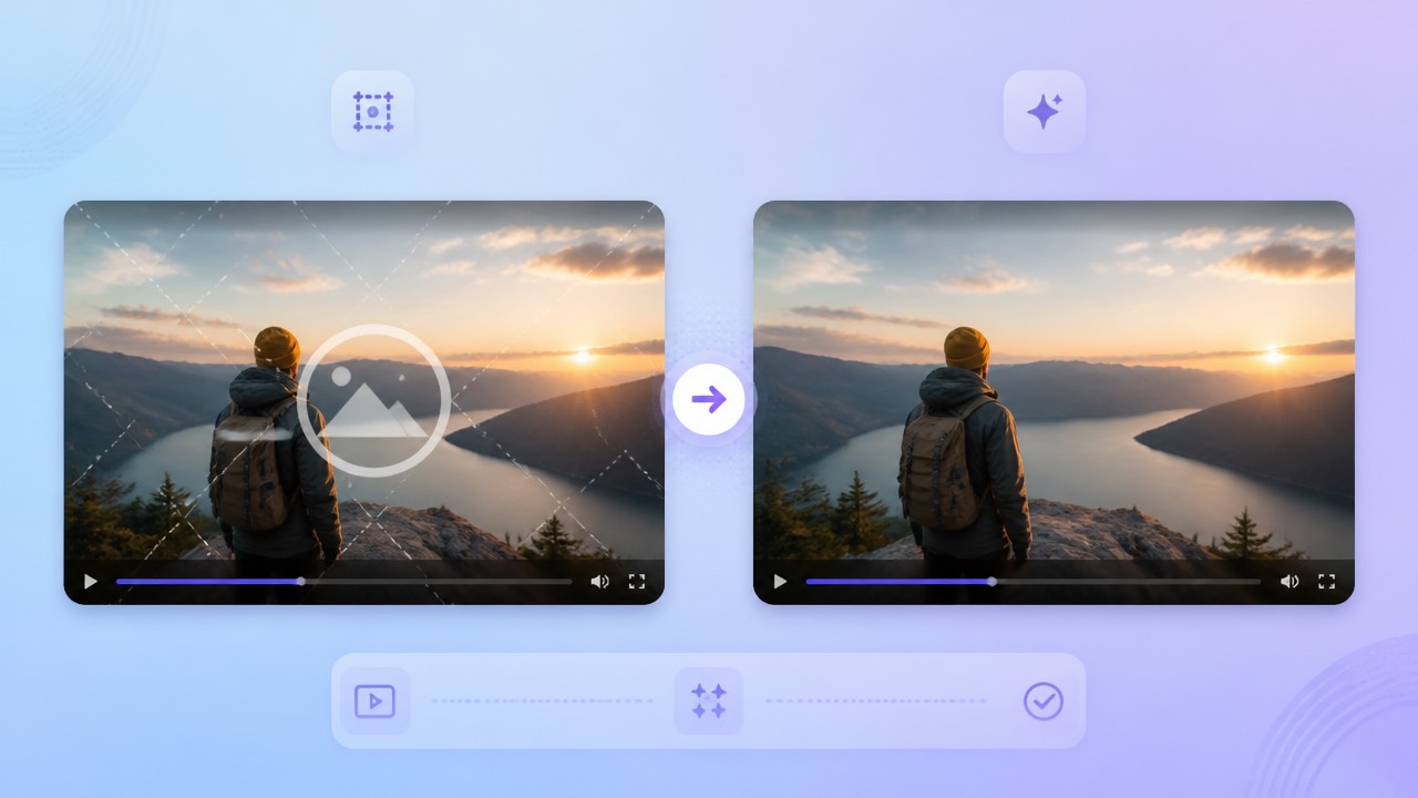 Before and after video frames showing a watermark removed by a focused video eraser